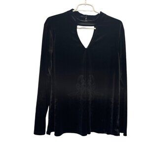 Fever Black Velvet Long Sleeve V-Neck Top Keyhole Back Subtle Scroll Pattern L
